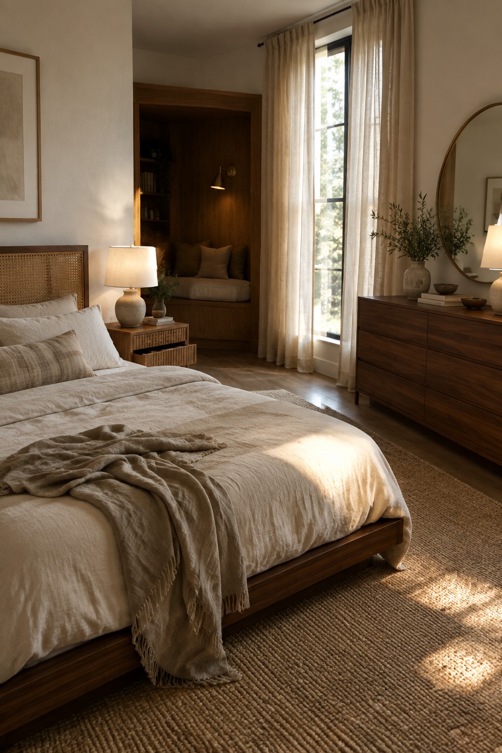 A bedroom with a wooden platform bed dressed in beige linen, a matching nightstand and dresser, and a recessed wooden nook with built-in shelves and cushioned bench seating.