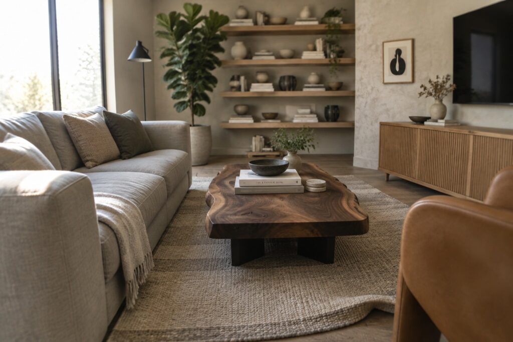 A living room featuring a light gray sectional sofa, a live edge wooden coffee table on a textured rug, and built-in wooden shelves with neutral decor.