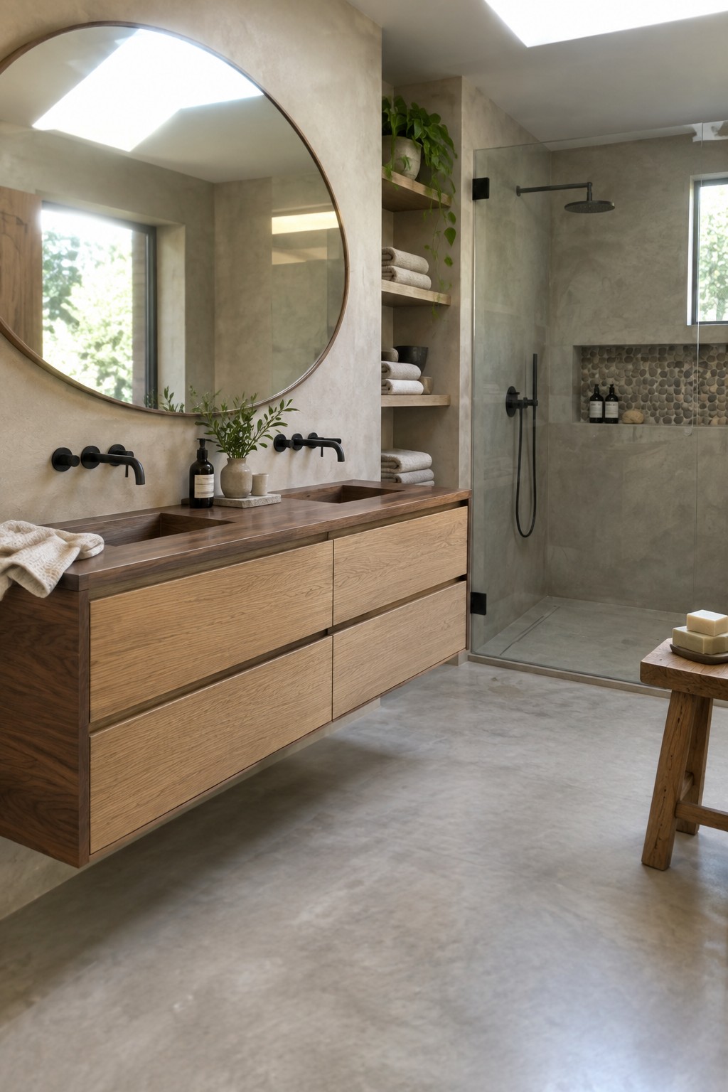 A modern bathroom with a long floating wooden vanity holding two sinks, a large round mirror above it, and a glass-enclosed shower to the right.