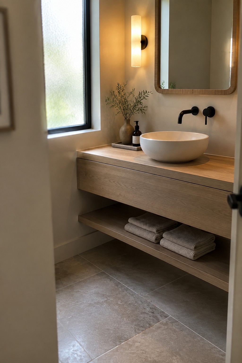 A modern bathroom with a light wood floating vanity, white vessel sink, black faucet, wall sconce, and an open lower shelf holding folded gray towels.