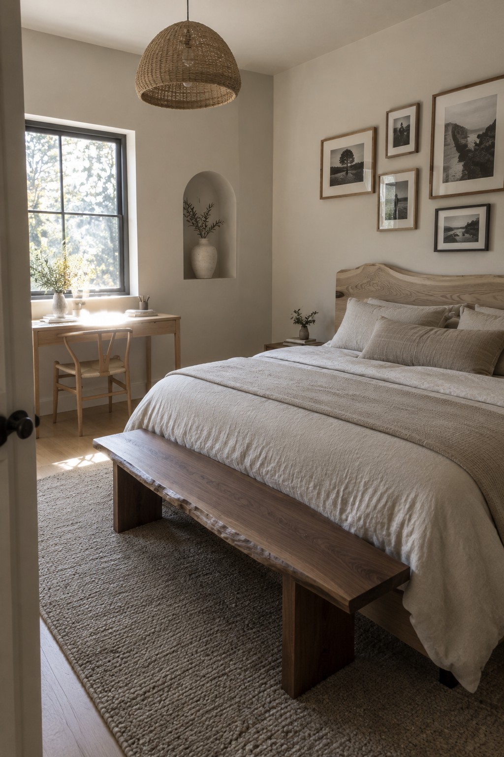Minimalist bedroom with wooden bed, beige linens, bench, woven pendant light, and desk by window