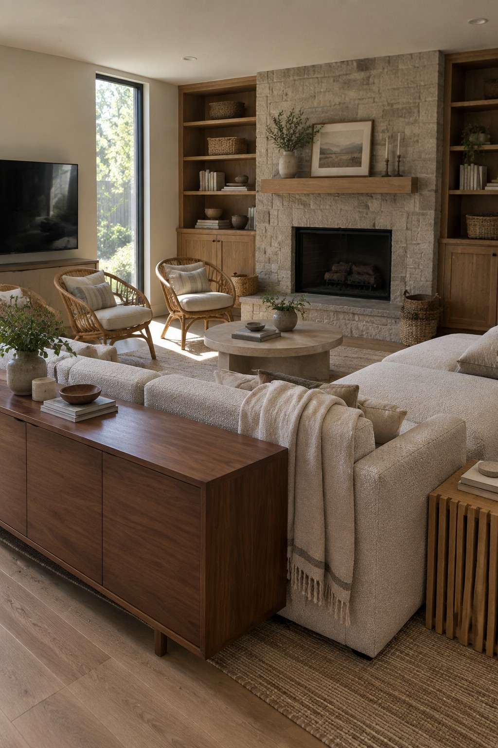 A living room featuring built-in wooden shelving and cabinetry around a stone fireplace, a large beige sectional sofa, rattan accent chairs, and a round wooden coffee table on a woven rug.