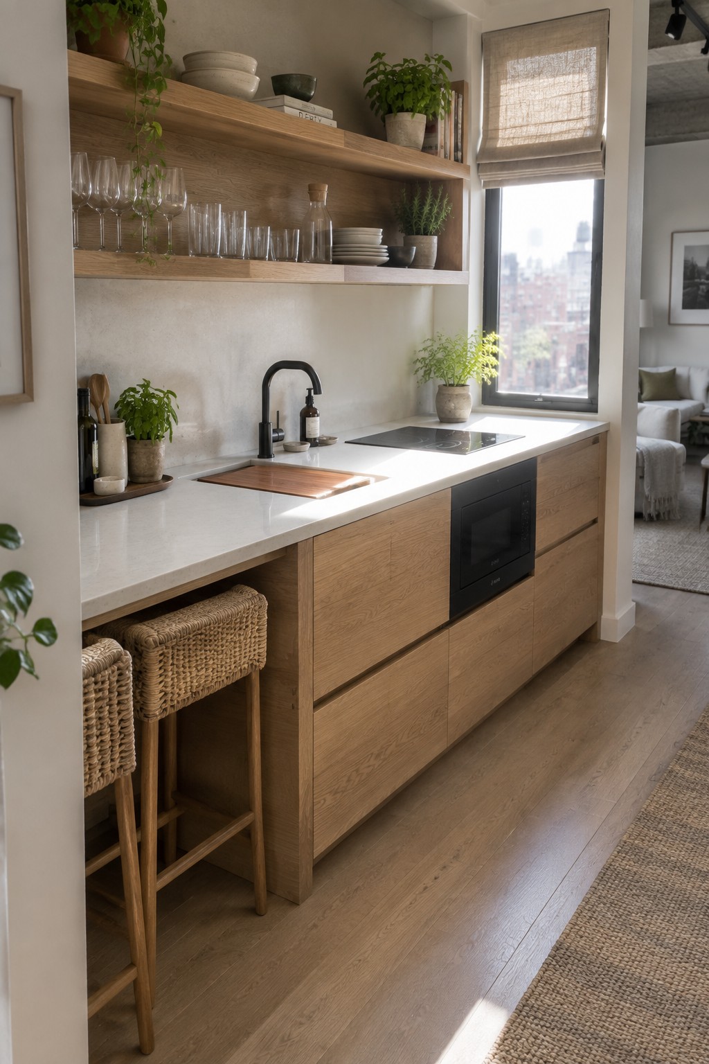 Modern kitchen with light wood cabinets, white marble counter, woven stools, and open shelves