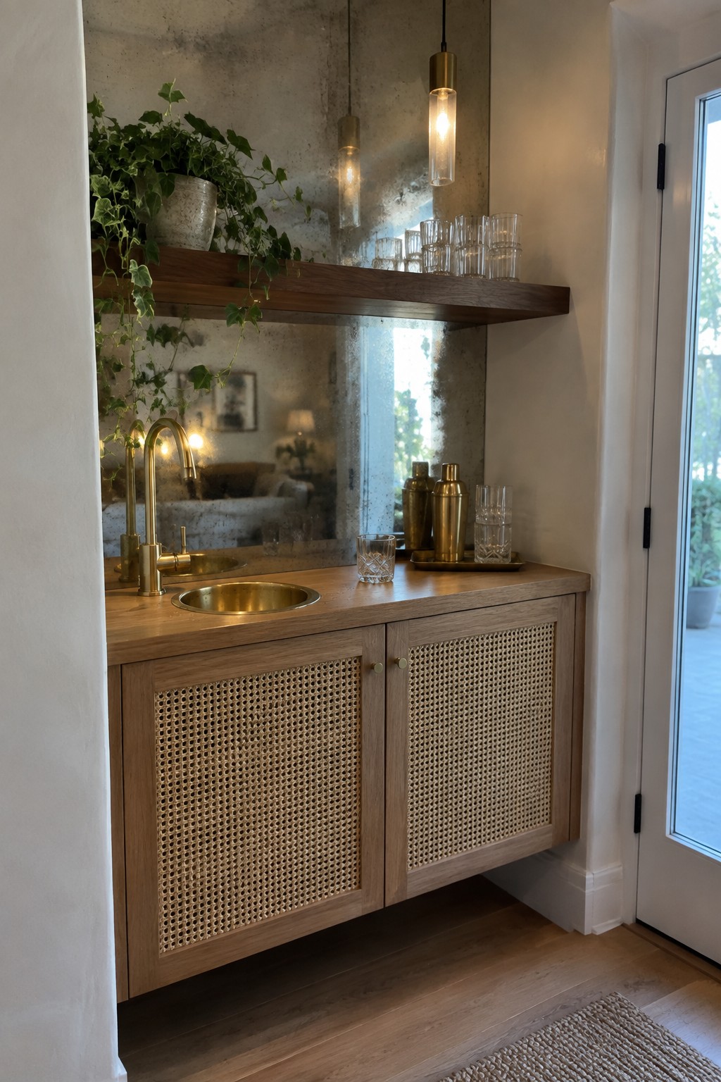 A light wood bar cabinet with cane webbing doors, brass sink and faucet, and a floating wood shelf above it against a concrete wall.