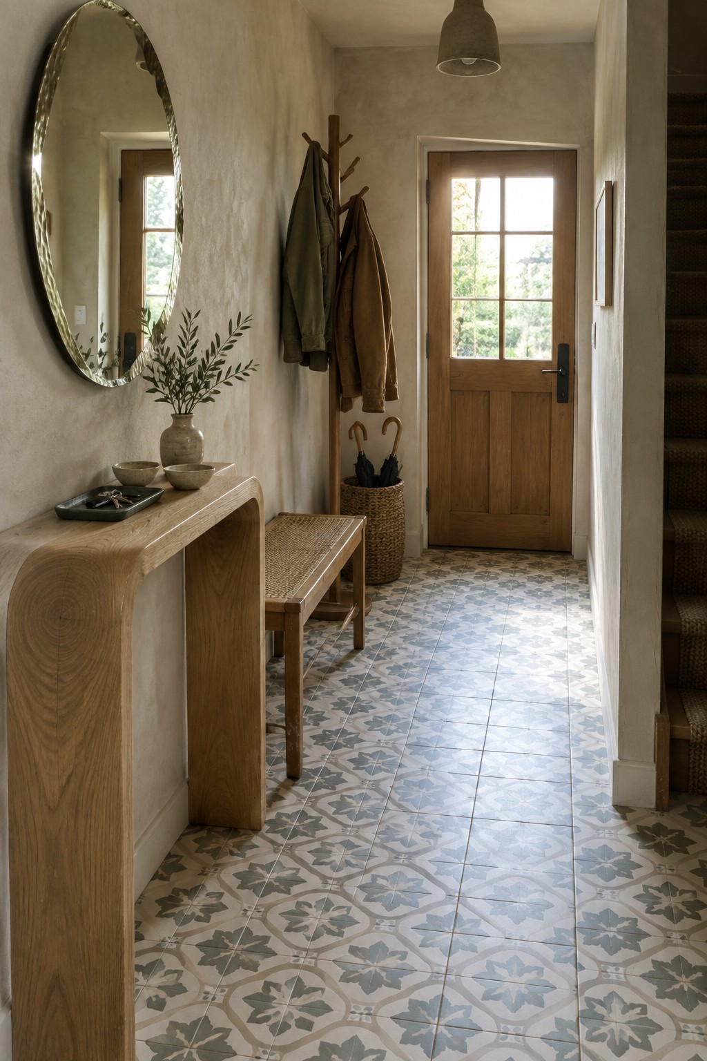 An entryway with a curved natural wood console table, woven bench, round mirror on the wall, and patterned tile floor leading to a wooden door.