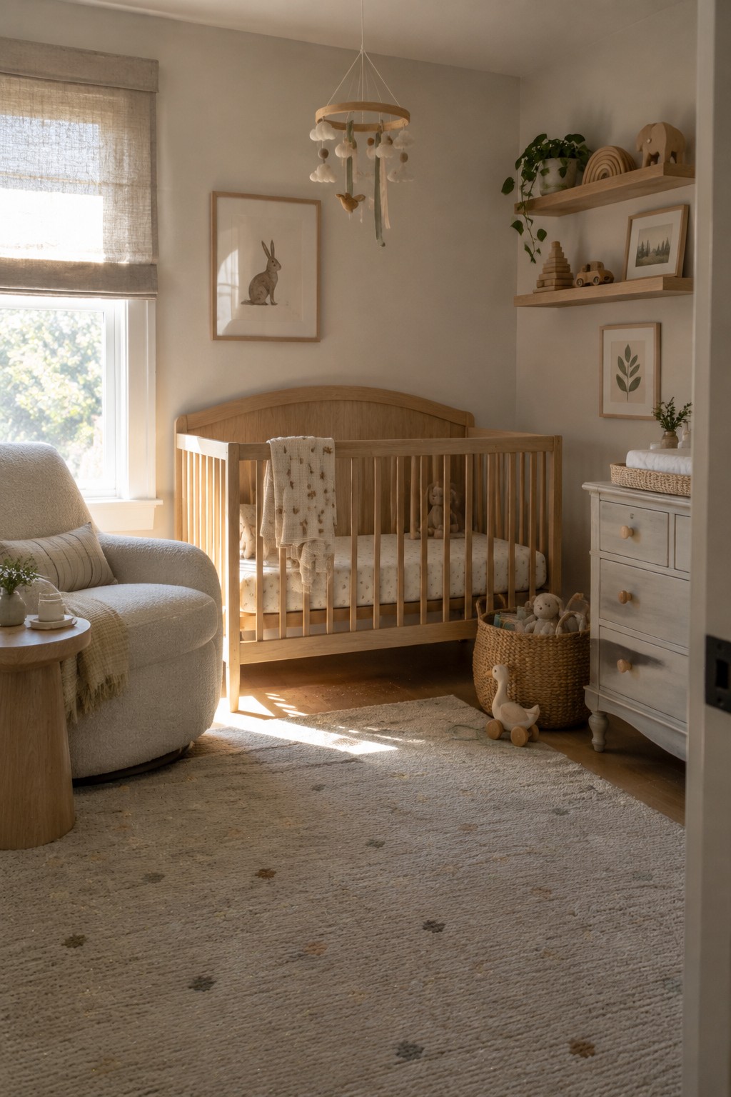 A bright nursery with a light wood crib, a textured armchair by the window, wooden floating shelves holding toys and plants, and a patterned area rug on the floor.