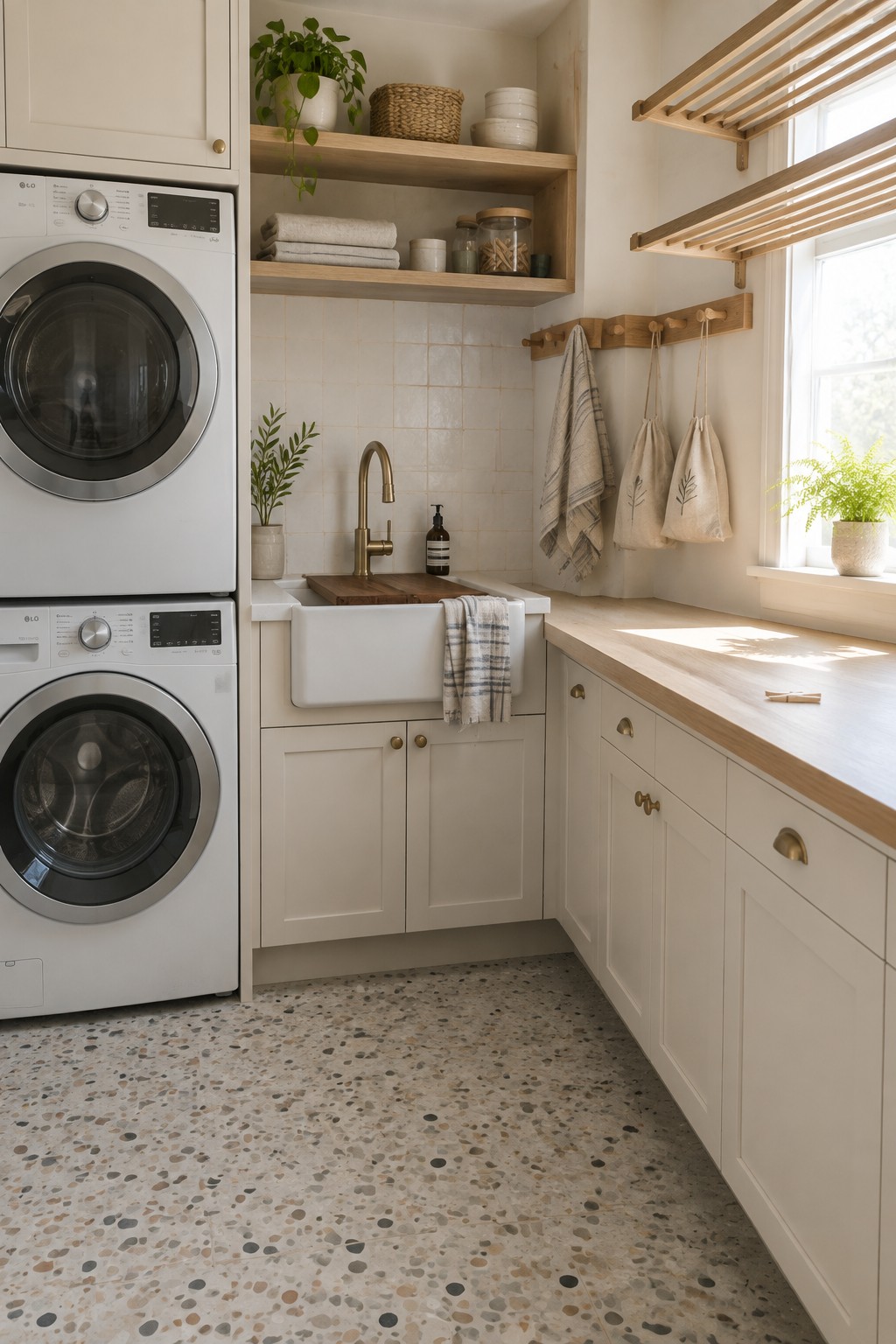 Modern laundry room with stacked washer-dryer, farmhouse sink, wooden shelves and terrazzo floor