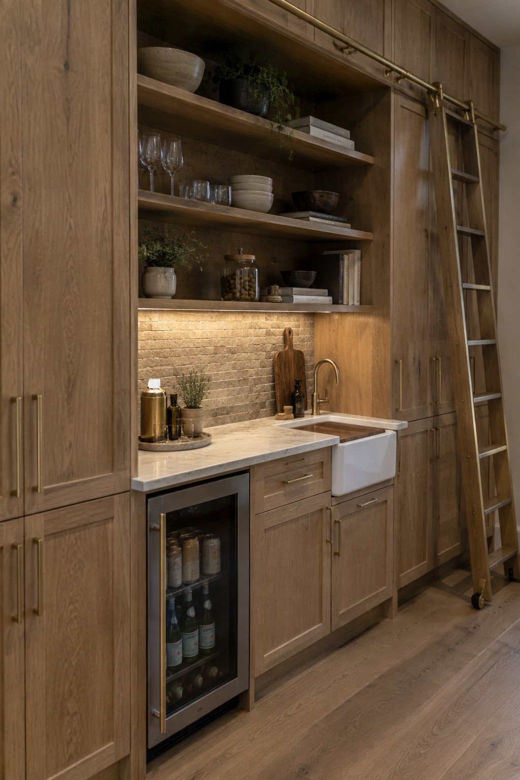 Interior view of a kitchen with light wood cabinetry, open shelves holding dishes and glassware, a white sink, brass fixtures, and a rolling wooden ladder on a rail.