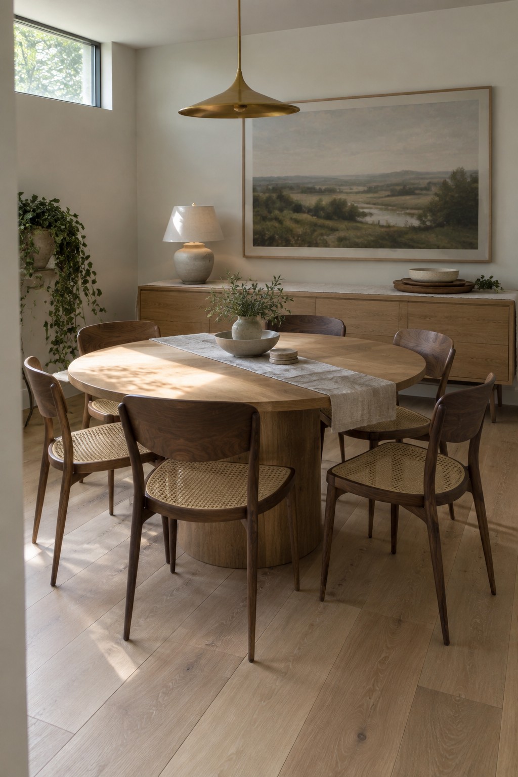 A round wooden pedestal dining table with six wooden chairs featuring woven cane seats sits in a light room with a long wood sideboard and landscape artwork on the wall.