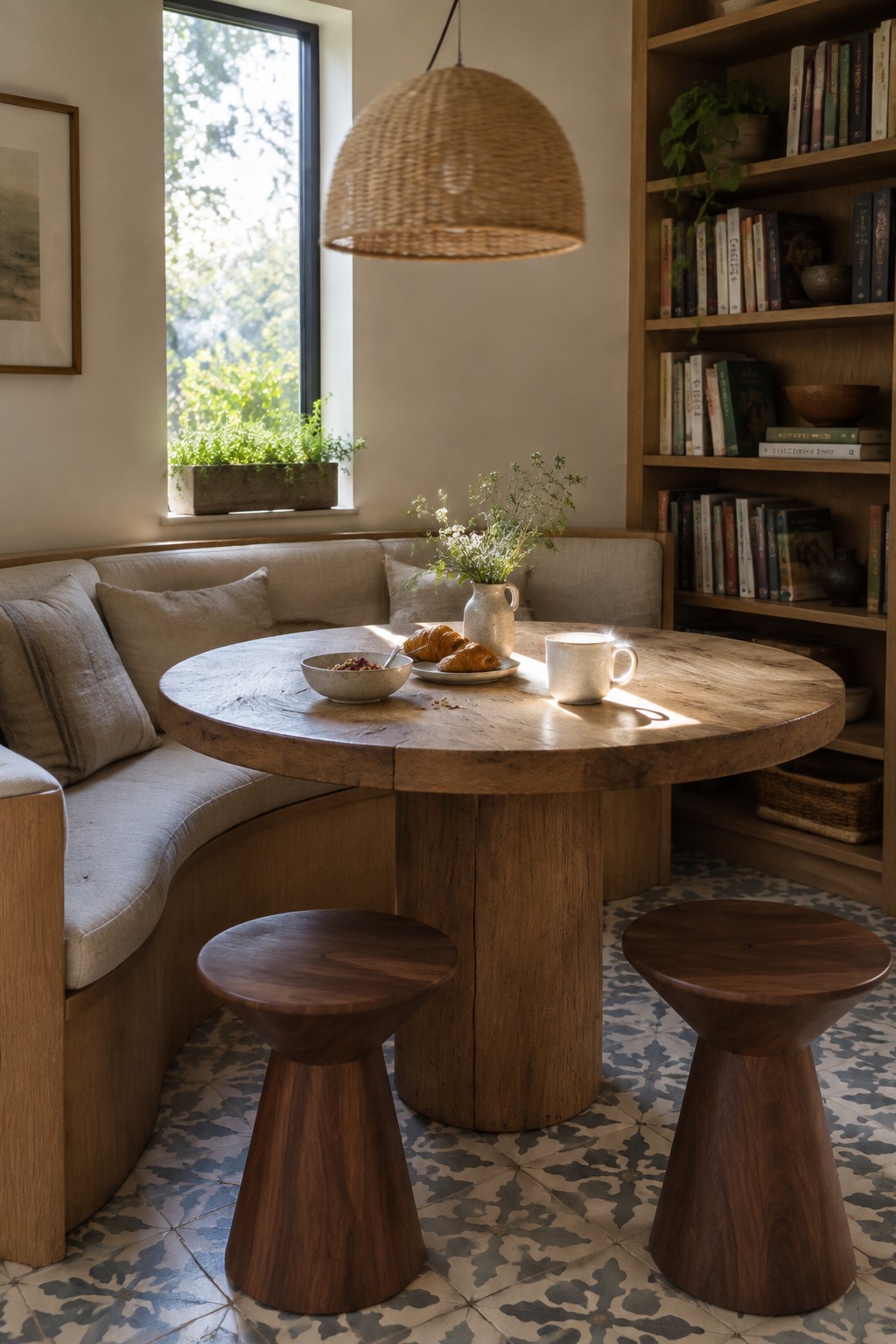 A round wooden pedestal dining table with two croissants and a bowl sits between a curved built-in bench and two dark wood stools in a room with a large bookshelf and window.