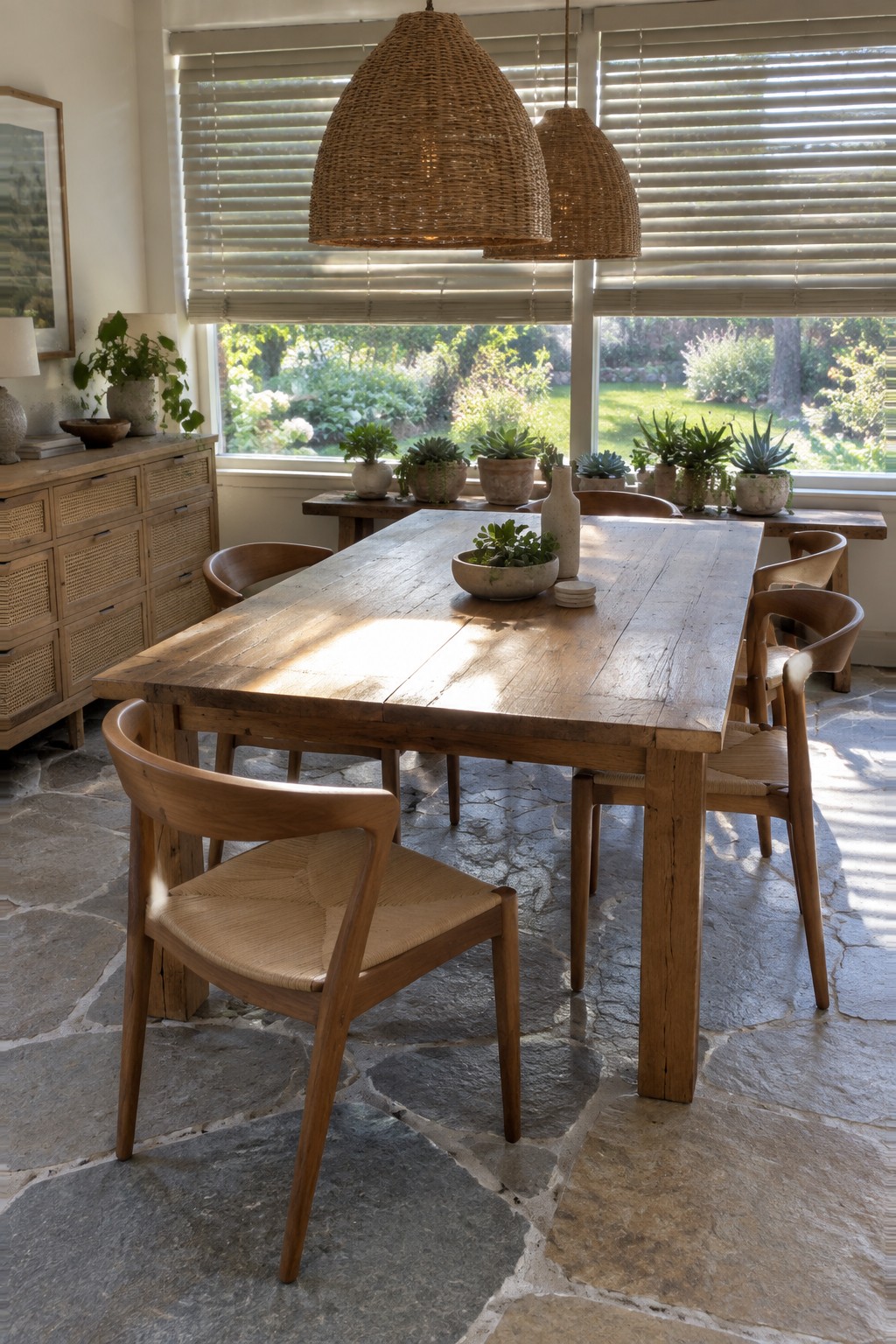 A large wooden dining table with matching wooden chairs sits on a stone floor in a sunlit room with windows, woven light fixtures, and potted plants along the sill.