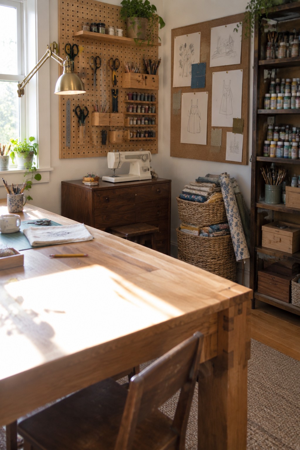 A sunlit craft room with a large wooden work table in the foreground, a sewing machine on a wooden cabinet, pegboard with tools, corkboard with sketches, and baskets of fabric.