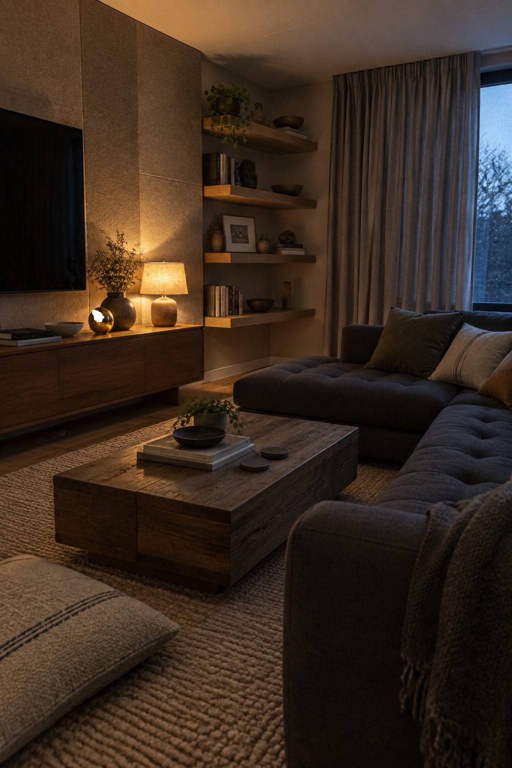 A modern living room featuring a dark gray tufted sectional sofa, a large rustic wooden coffee table on a woven rug, floating wooden shelves with books and decor, and a wooden media console beneath a wall-mounted television.