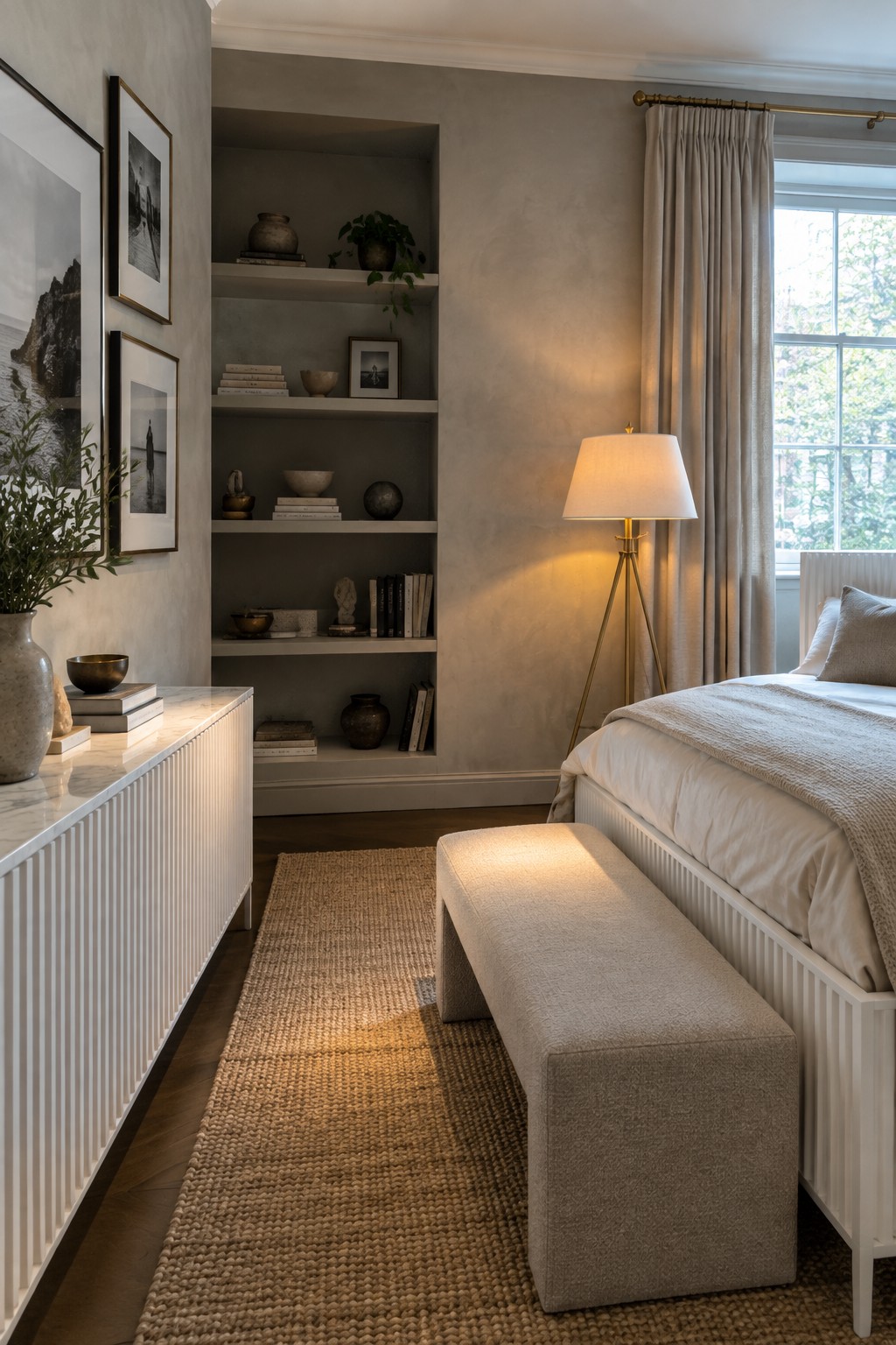 Minimalist bedroom with built-in shelves, white bed, upholstered bench, and tripod lamp.
