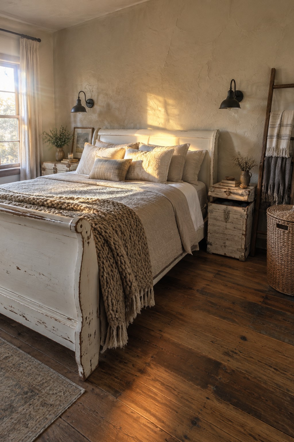 A bedroom with a white distressed sleigh bed dressed in neutral linens, set on dark wood floors against a textured wall.