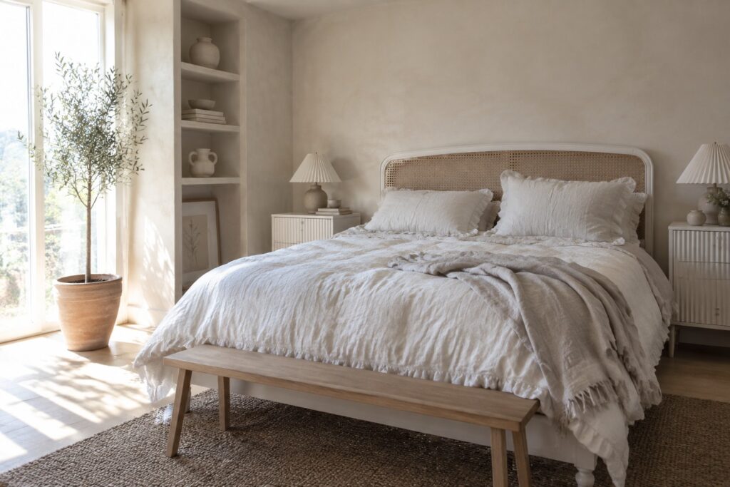 23 White Bedroom Furniture Ideas Paired With Soft Neutral Finishes A bedroom featuring a white bed frame with a woven rattan headboard, white bedding, a wooden bench at the foot, and a jute rug on light wood flooring.