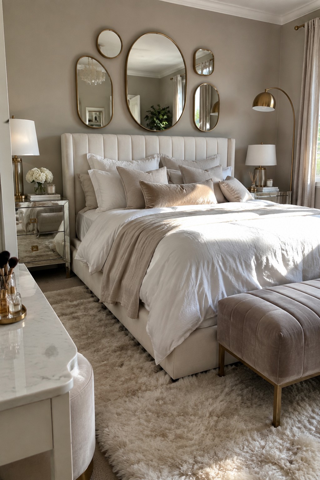 Neutral bedroom with tufted bed, white linens, beige pillows, gold oval mirrors, and velvet bench