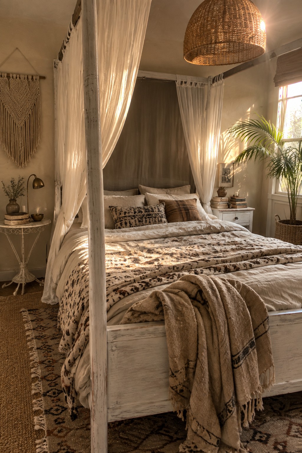 A white four-poster bed with neutral patterned bedding and throws in a sunlit bedroom with a woven pendant light.