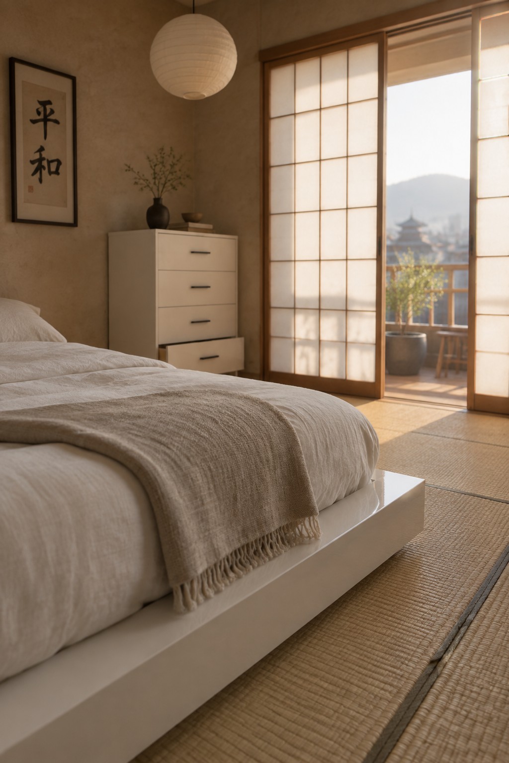 A minimalist bedroom with a low white platform bed dressed in beige linen, a white dresser, shoji screens on the right, and tatami mats covering the floor.