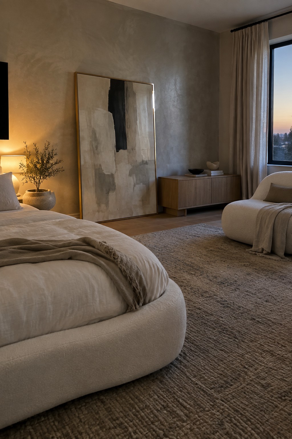 A bedroom with a large round white upholstered bed, an abstract painting in a gold frame on a textured wall, a wooden cabinet, and a curved chair near a window with sheer curtains.