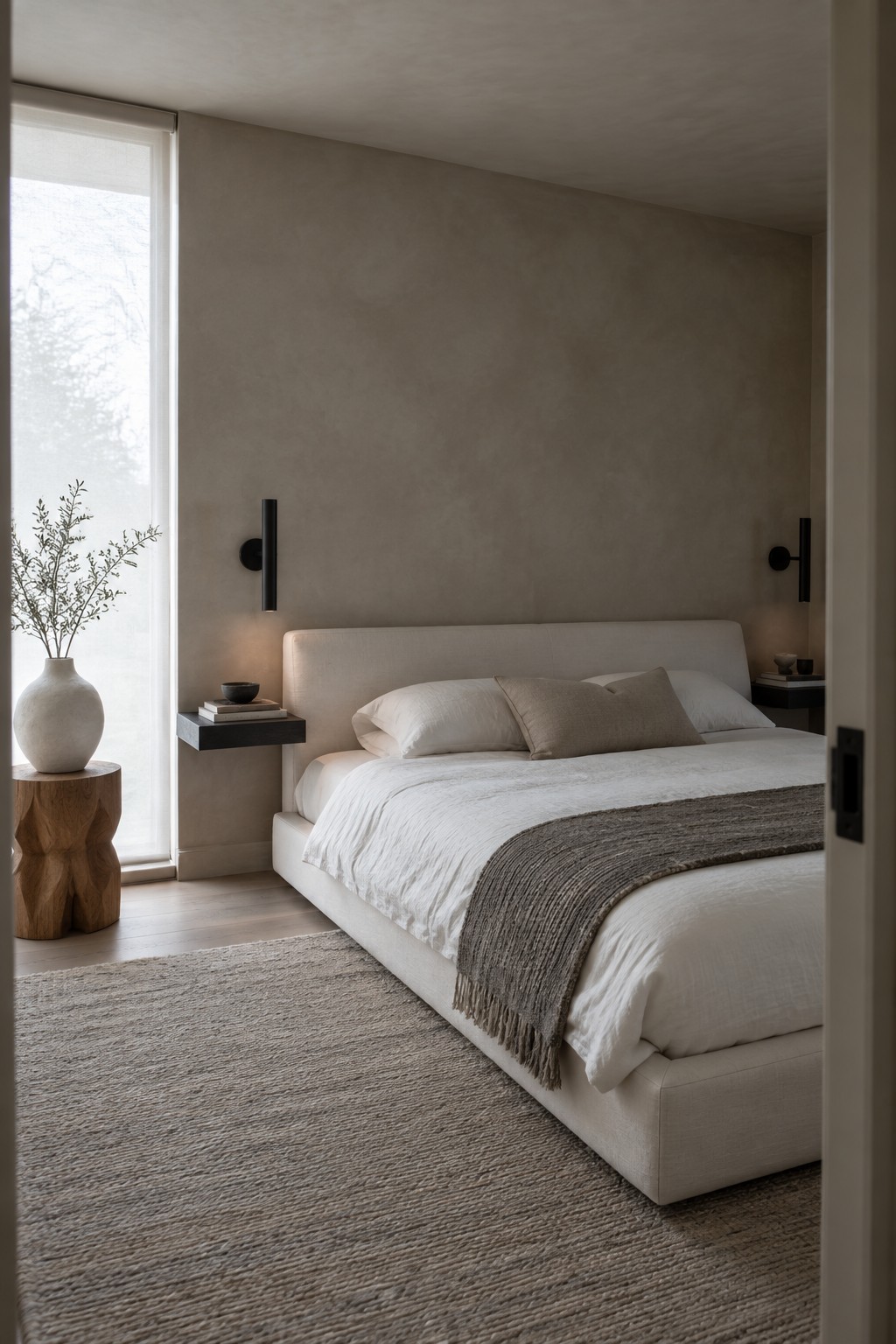A bedroom featuring a light beige upholstered bed with white linens and a textured gray throw, set against warm neutral walls with black wall sconces and a woven rug on the floor.