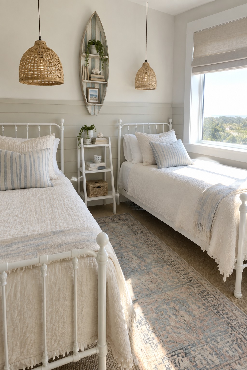 Two white twin beds in bright coastal bedroom with woven lights and surfboard shelf