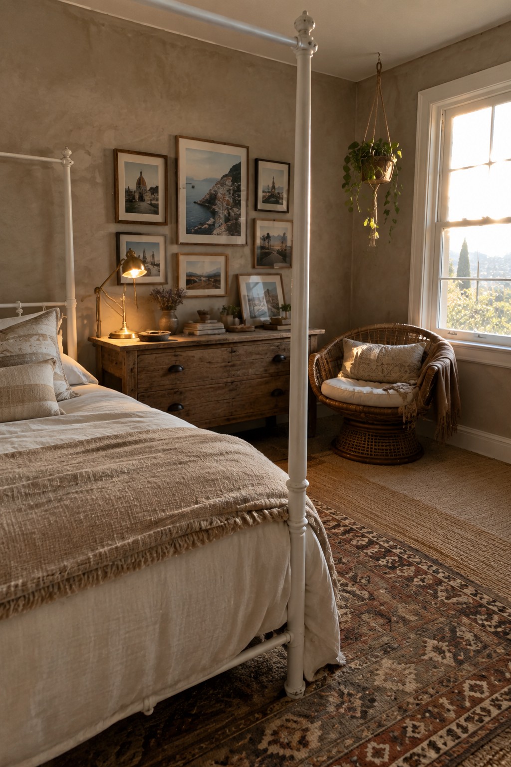 A bedroom with a white metal four-poster bed dressed in neutral linens, a wooden dresser, a wicker chair, and a gallery wall of framed prints.