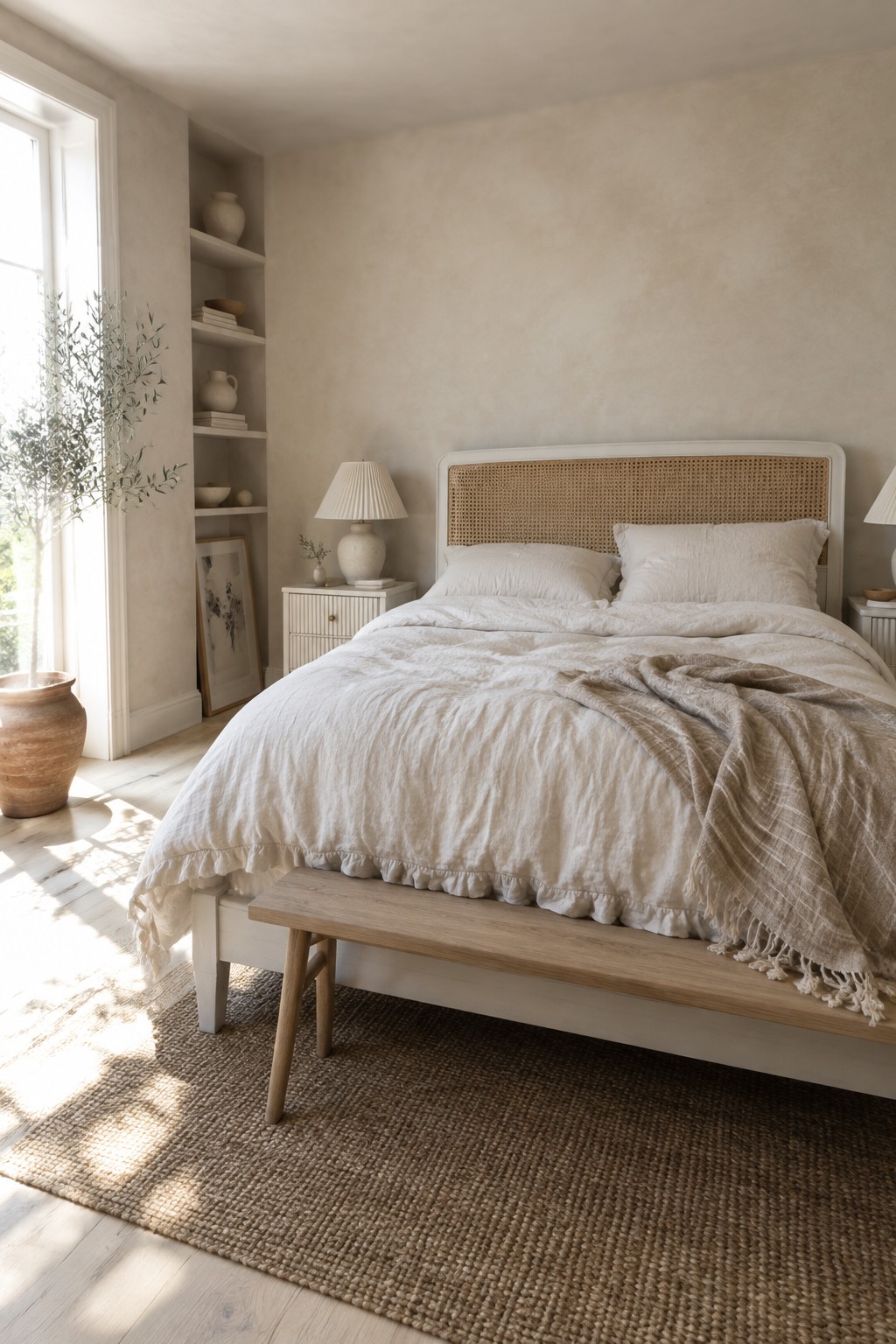 A bedroom featuring a white bed frame with a woven rattan headboard, white bedding, a wooden bench at the foot, and a jute rug on light wood flooring.
