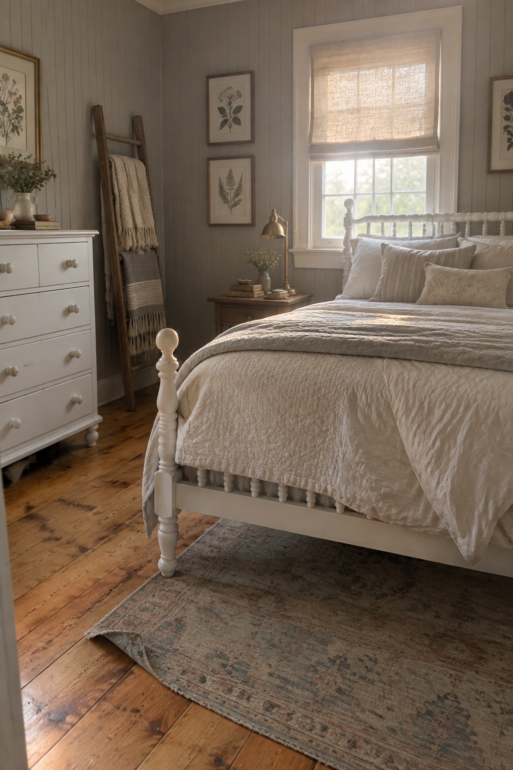 Cozy neutral bedroom with white bed, quilted bedding, patterned rug, and wooden ladder.