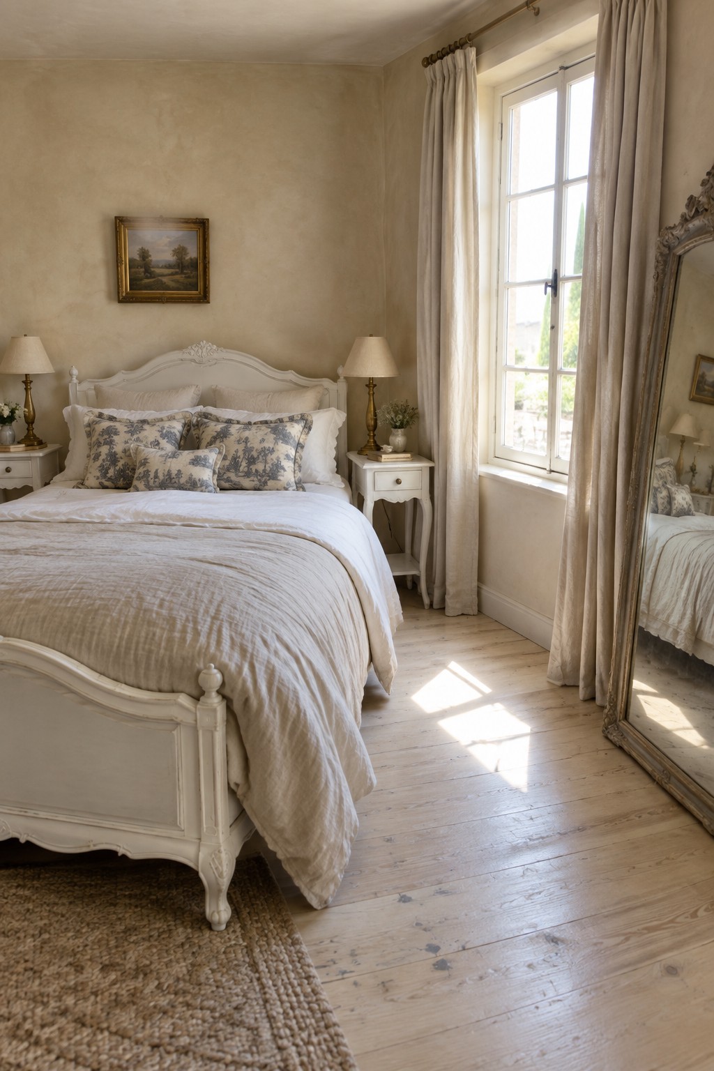 A bedroom with a white wooden bed, neutral linens, warm beige walls, a nightstand, and a large mirror next to a window.