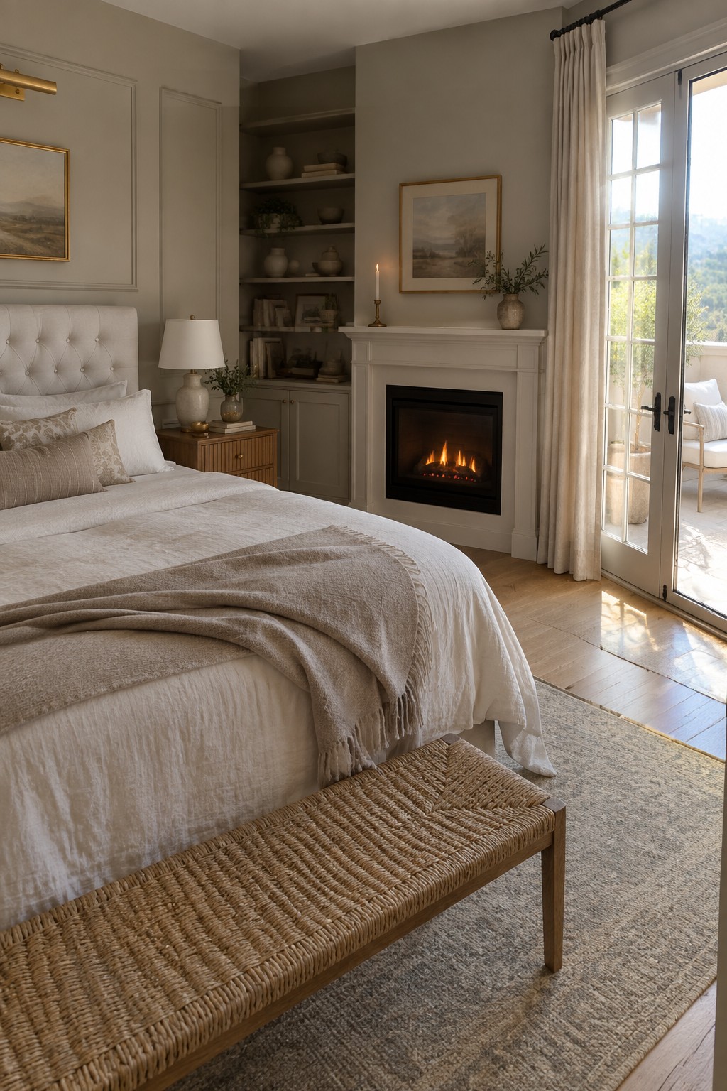 Serene neutral bedroom with tufted bed, lit fireplace, woven bench, and patio doors