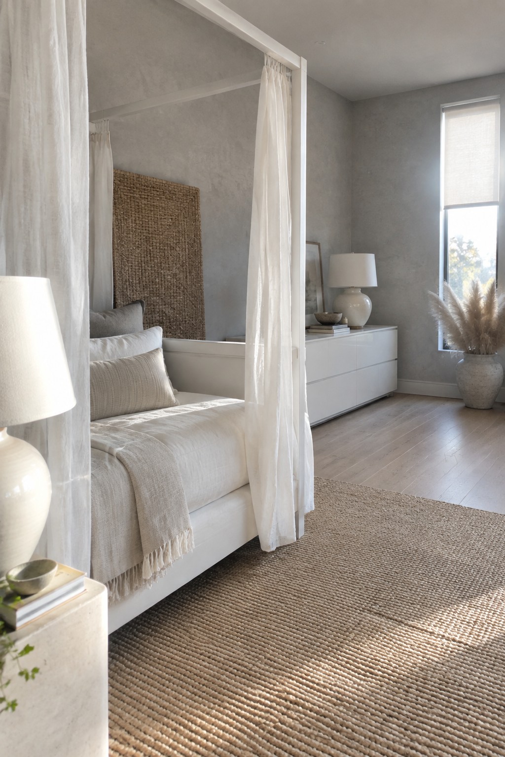 A white canopy bed with neutral linens and a jute rug in a bedroom with a white dresser and woven wall hanging.