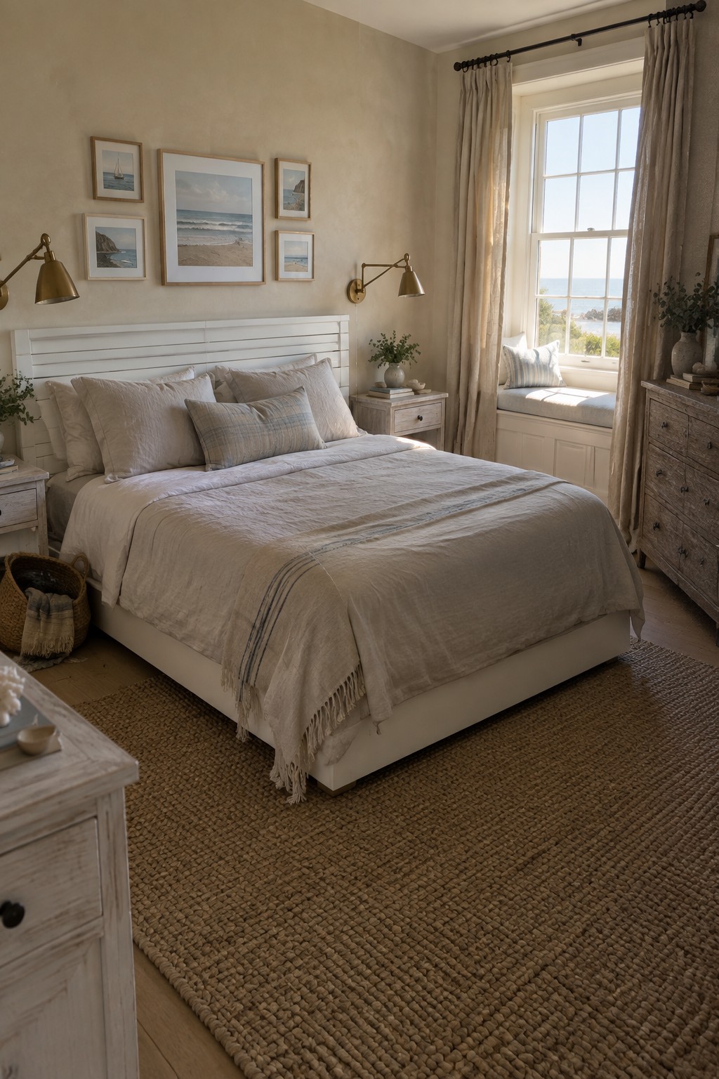 A bright bedroom with a white wooden bed frame dressed in neutral linen bedding, a large jute rug on the floor, wall sconces, and a window seat with a view of the ocean.