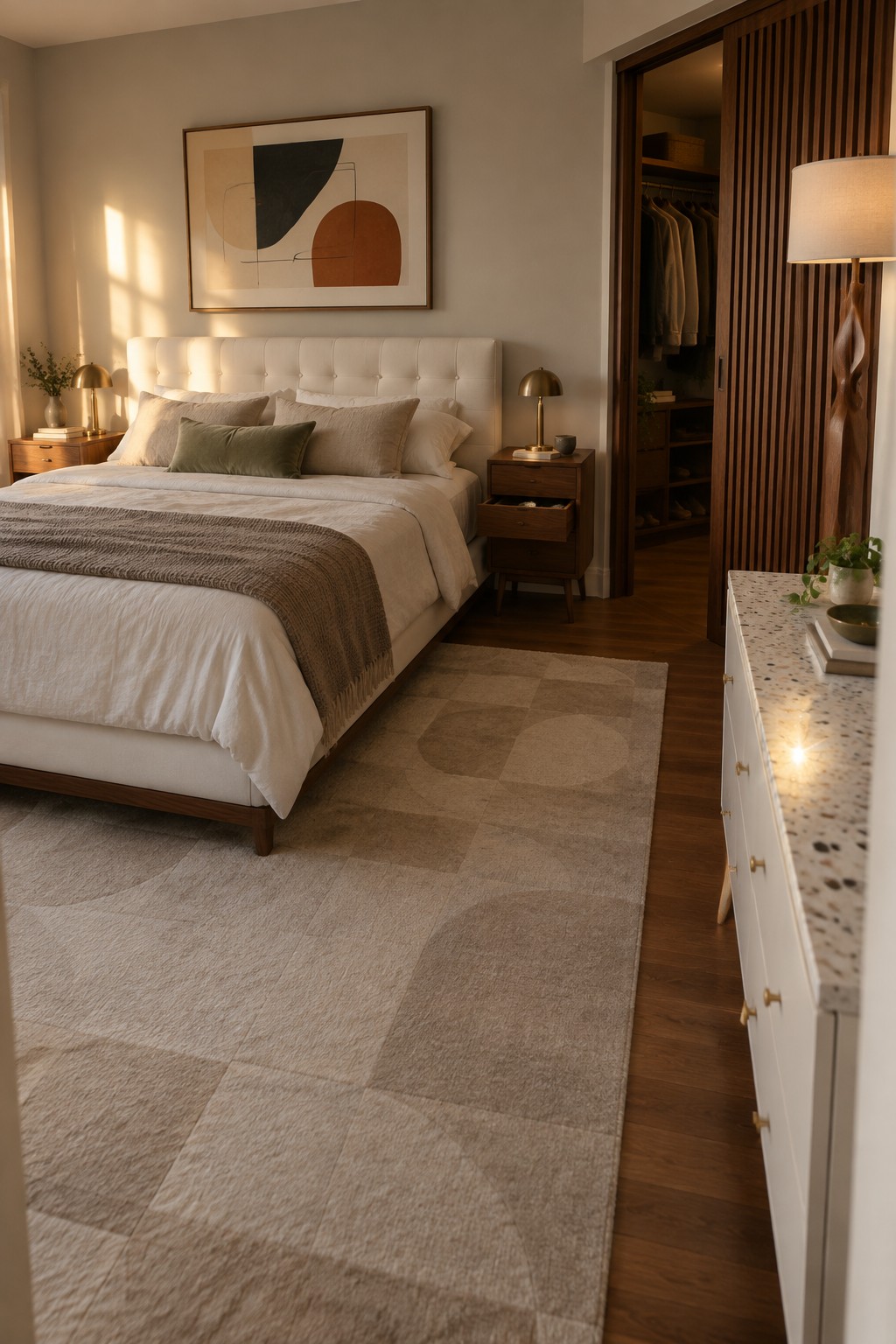 Modern bedroom with white bed, abstract art, wooden nightstands, and geometric rug.