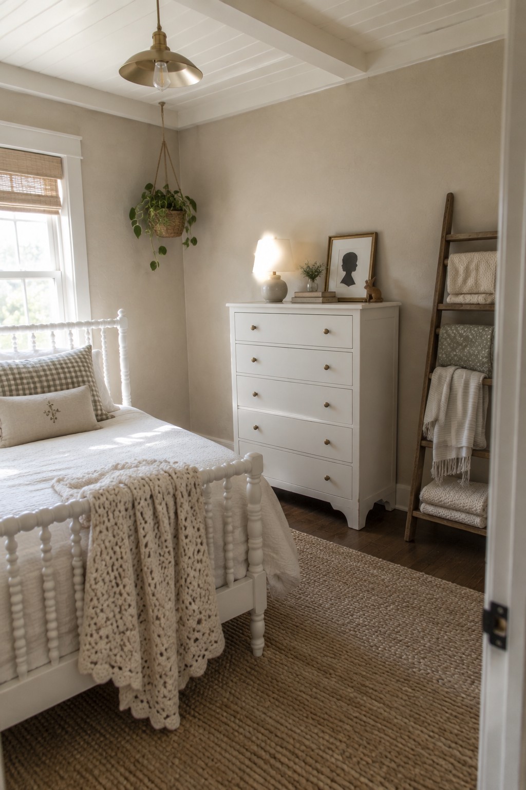 A bedroom with a white spindle bed, white five-drawer dresser, wooden blanket ladder, jute rug, and neutral walls.