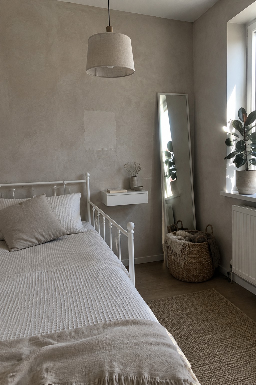 A bedroom interior showing a white metal bed frame against textured neutral walls with a white floating shelf and woven basket on the floor.