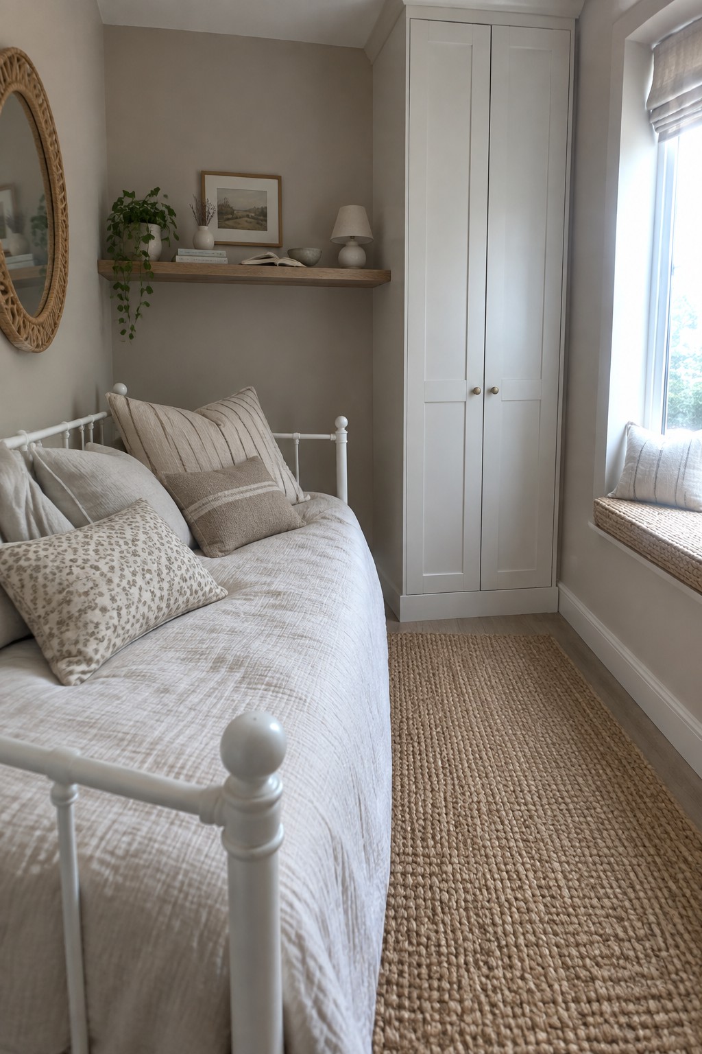 A bedroom with a white metal bed frame, neutral patterned bedding, a tall white wardrobe, a wooden wall shelf, and a woven jute rug on the floor.