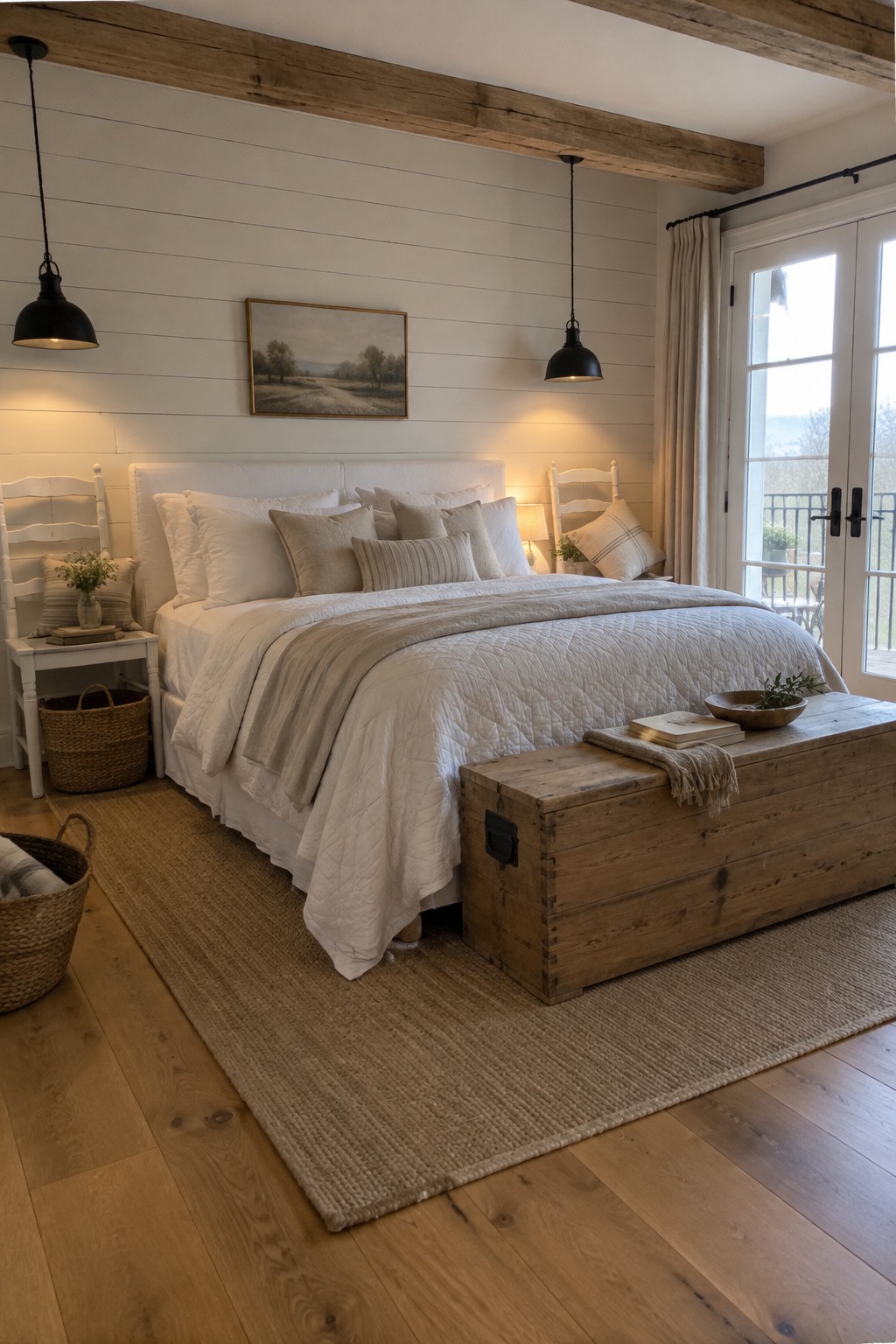 A bright bedroom featuring a white upholstered bed with layered white and beige bedding, a rustic wooden trunk at the foot of the bed, two black pendant lights, and a large jute rug over light wood flooring.