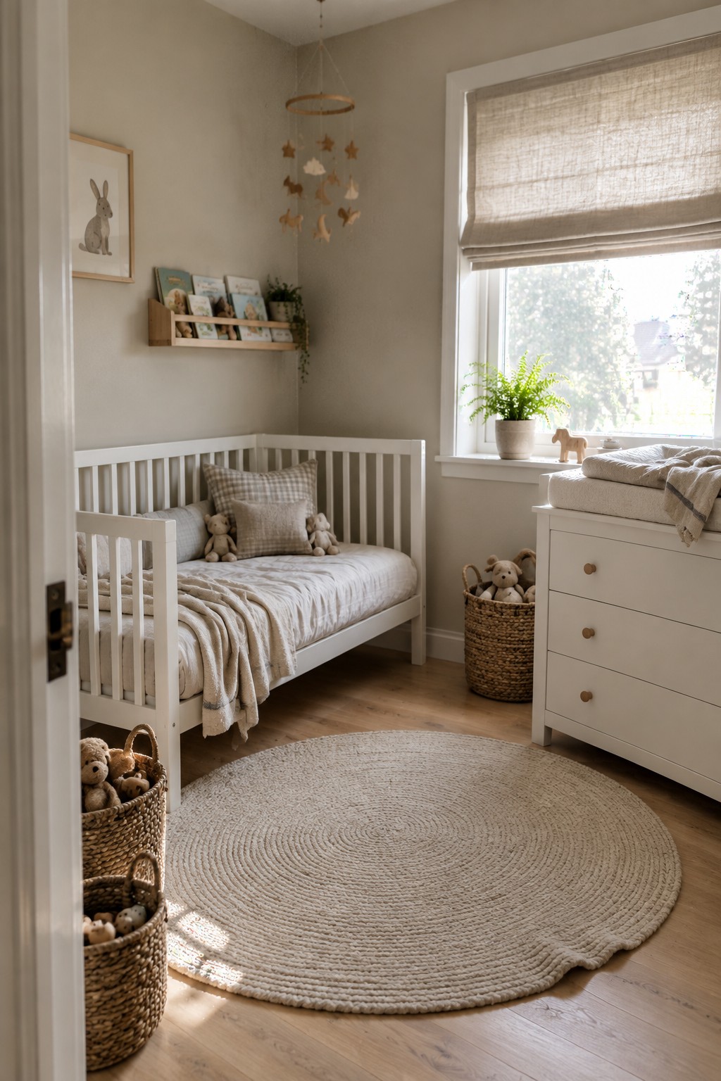 A bright child's bedroom with white toddler bed and white dresser, round woven rug on light wood floor, and soft neutral bedding, pillows, and walls.