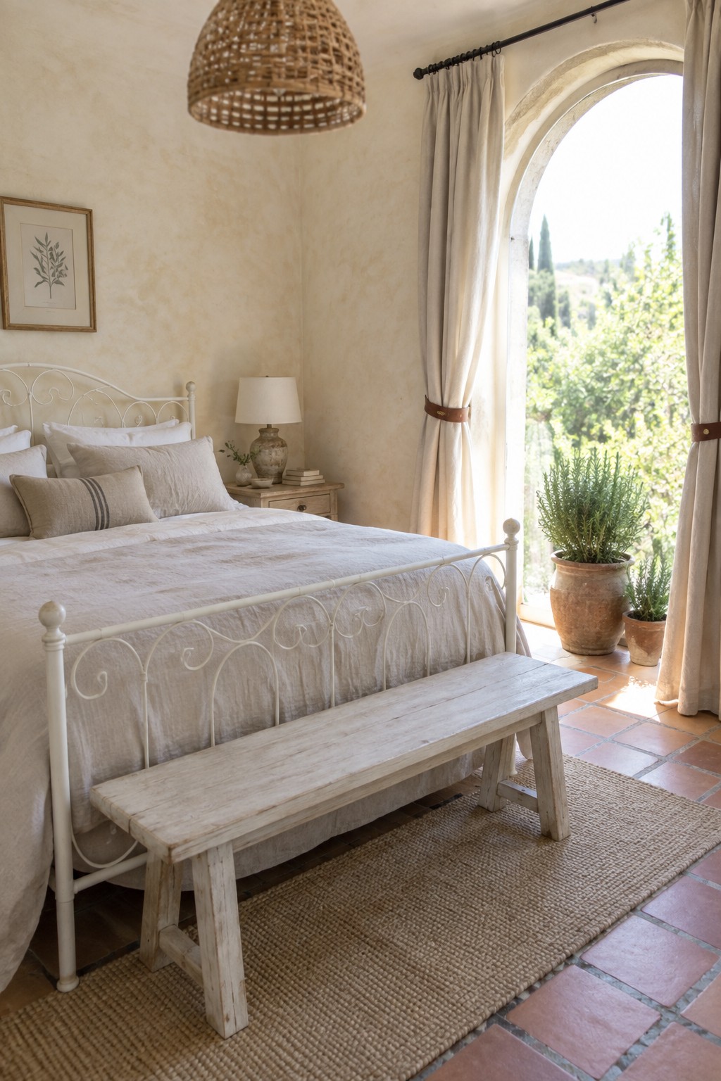 A bedroom with a white metal bed frame dressed in neutral linen bedding, a wooden bench at the foot of the bed, and an arched window with curtains.