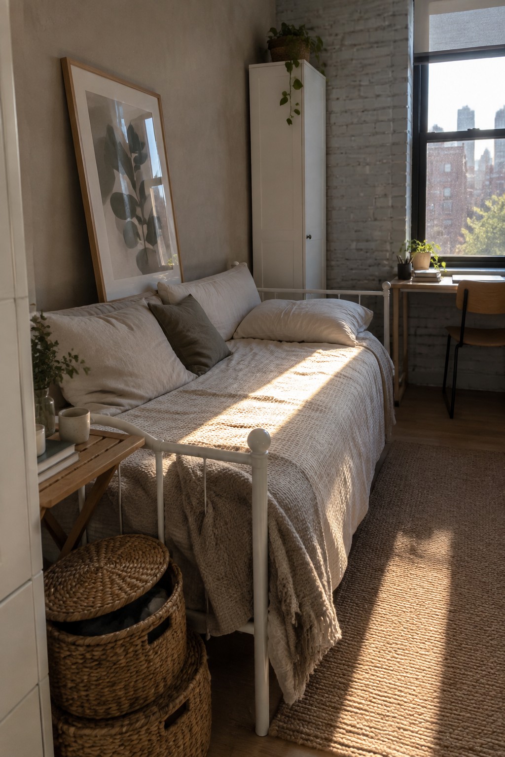 A bedroom with a white metal bed frame dressed in neutral bedding, a white cabinet against a brick wall, a wooden desk by the window, and woven baskets on the floor.