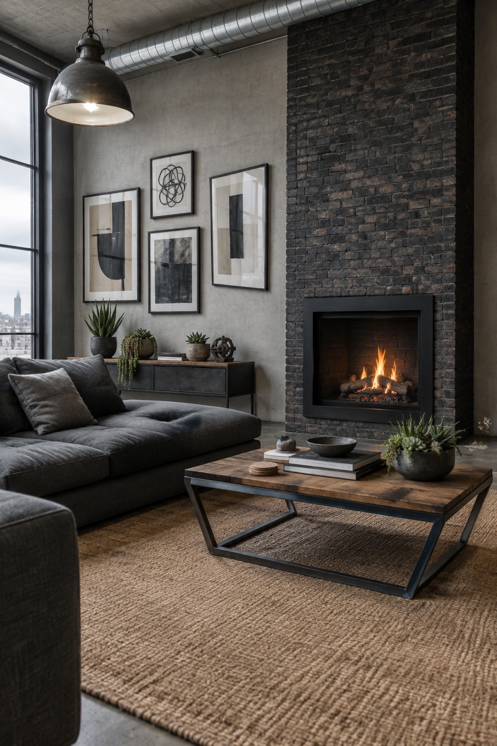 Modern living room with gray sofa, wooden coffee table, and lit brick fireplace