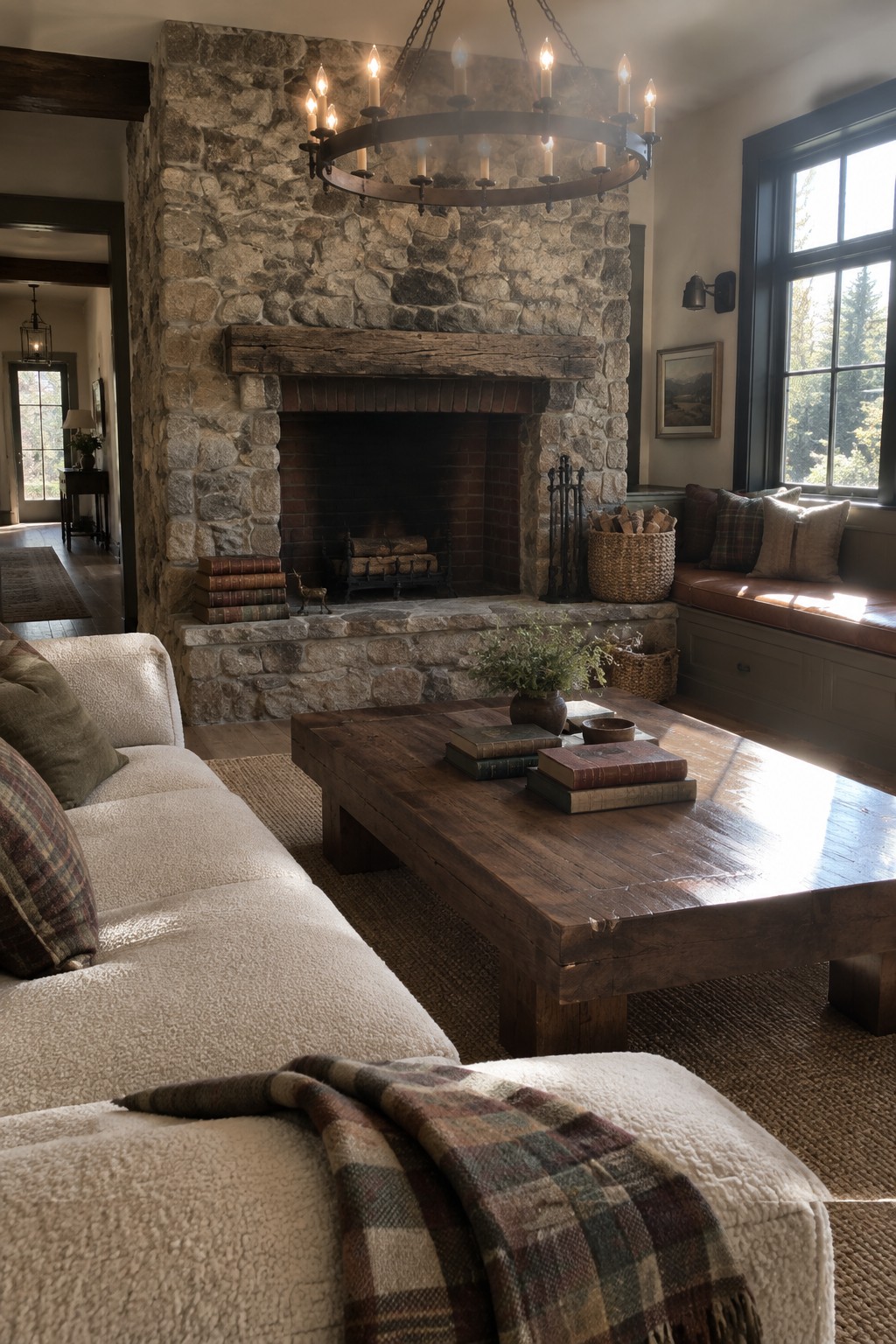 A living room featuring a large stone fireplace, a rustic wooden coffee table with stacked books, a white sofa, and a cushioned window seat.