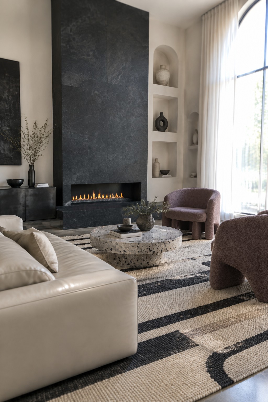 Modern living room with dark fireplace, white sofa, round table, pink chairs, and striped rug
