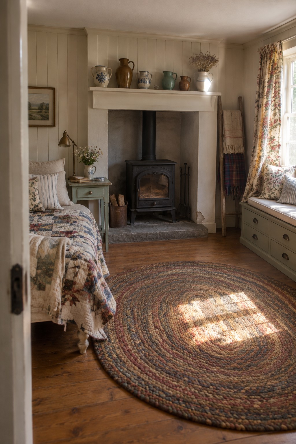 A bedroom interior with a black wood stove set in a white fireplace, a large round multicolored braided rug on the floor, a bed with a patchwork quilt, and a window seat with floral curtains.