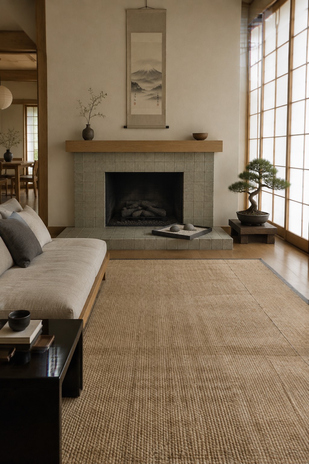 A living room with a stone fireplace, hanging scroll above the mantel, light sofa on a large woven rug, and a bonsai tree near the window.