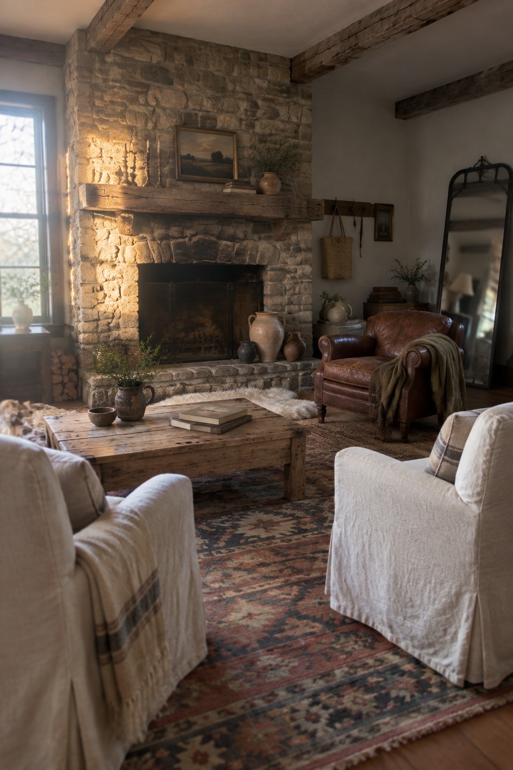 Rustic living room with stone fireplace, leather armchair, slipcovered chairs, and wooden coffee table