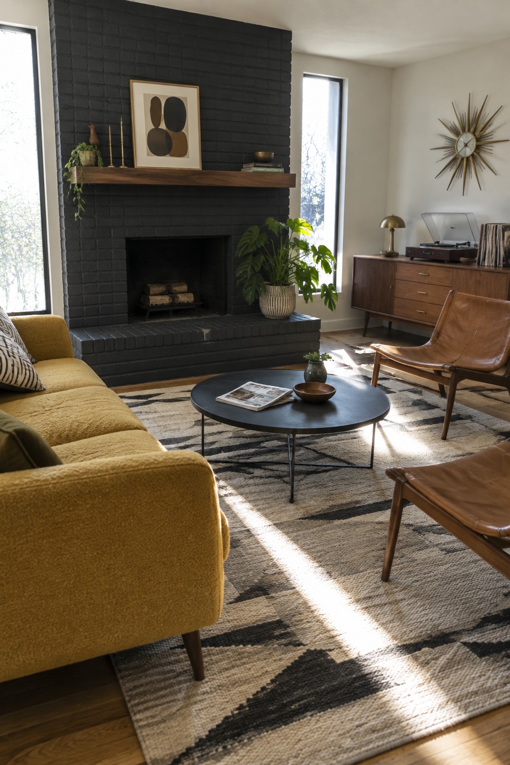 A living room with a black brick fireplace, wooden mantel, yellow sofa, round coffee table on a patterned rug, and two brown leather chairs.