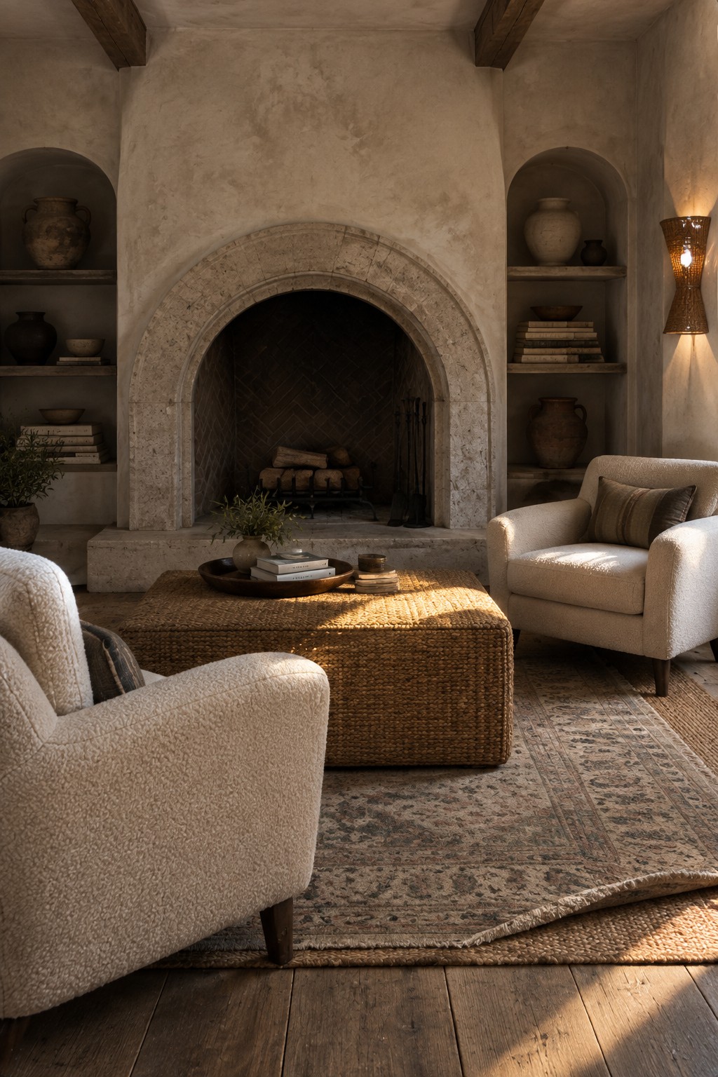 A living room featuring a large stone fireplace with two upholstered armchairs and a woven ottoman arranged on a patterned rug in front of it.