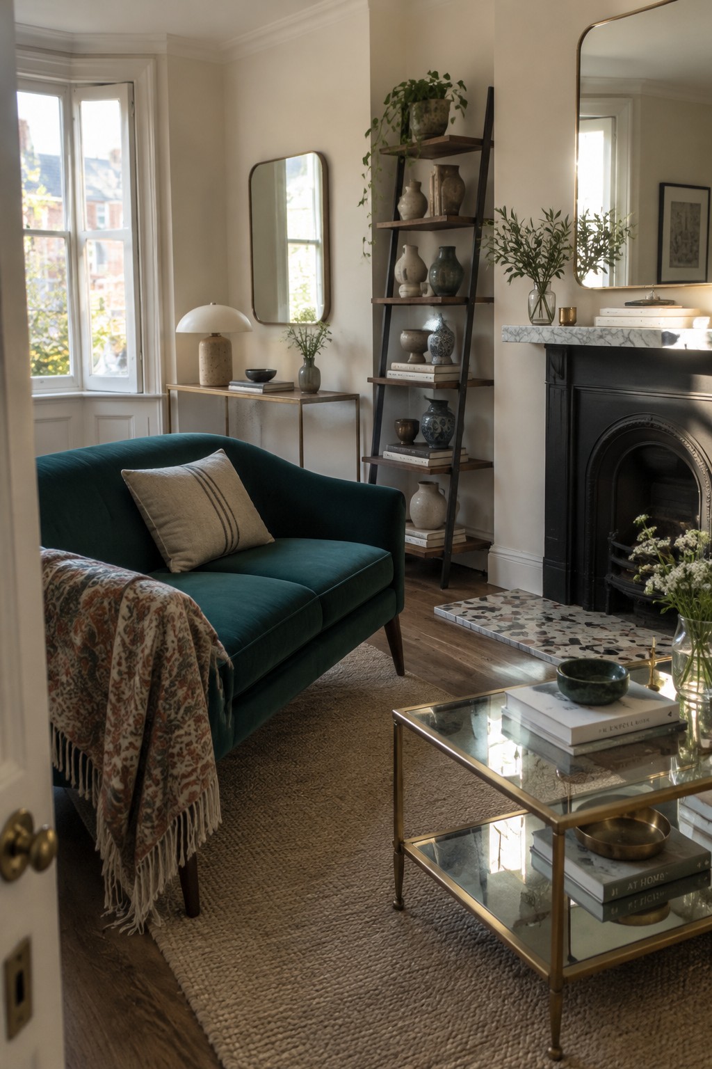 A living room with a teal velvet sofa facing a black fireplace, a glass coffee table on a jute rug, and a leaning shelf with pottery against the wall.